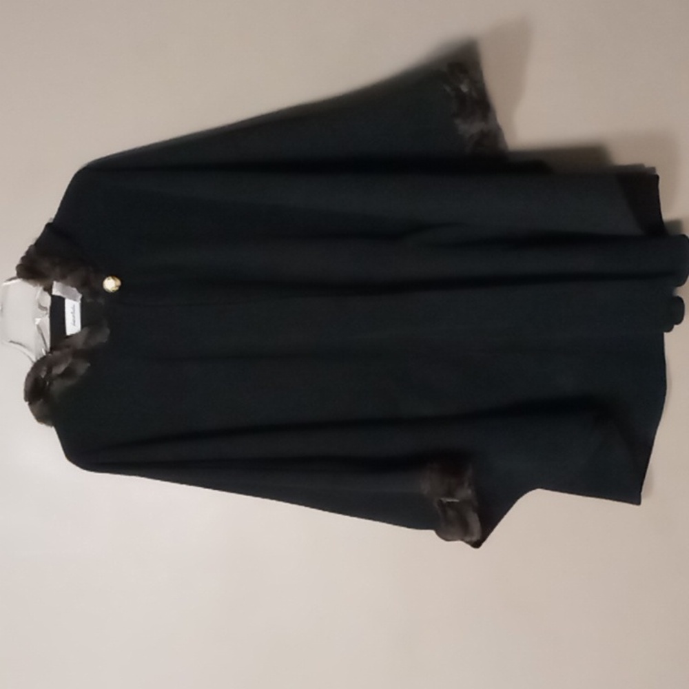 Le Moda Black Hooded Poncho w Faux Fur Trim One Size